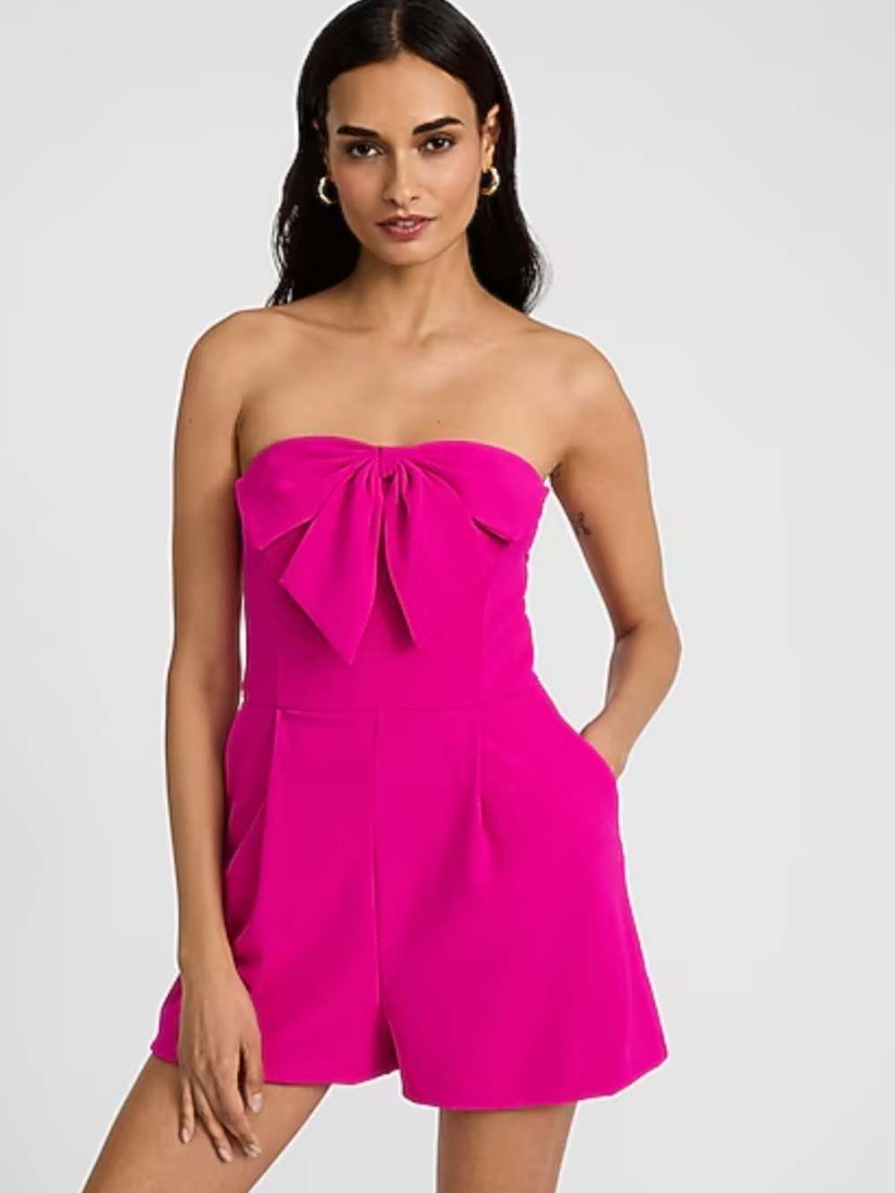 Strapless Bow Romper in Hot Pink